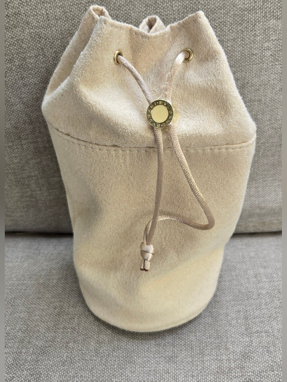 Bvlgari Beige Suede Drawstring Bucket Cosmetic Bag